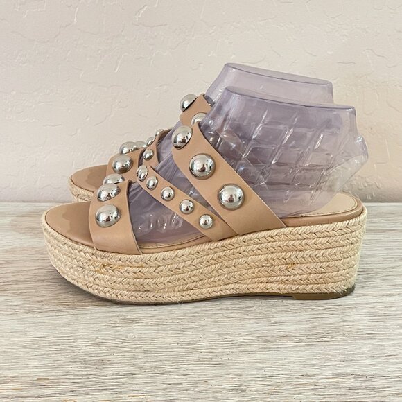Marc Fisher 6.5 Jalyn Sandals Nude Silver Studs Espadrille Platform Wedge Slides - Picture 7 of 13